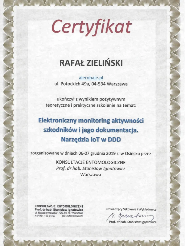 Certyfikat - Elektroniczny Monitoring Aktywności Szkodników - Dezynsekcja Deratyzacja - 06.12.2019