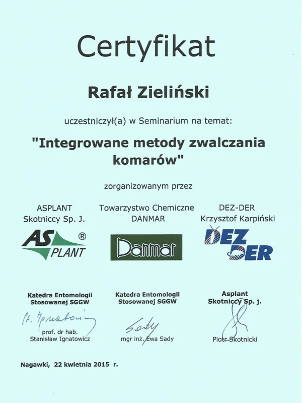 Certyfikat - Integrowane Metody Zwalczania Komarów - Dezynsekcja - 22.04.2015