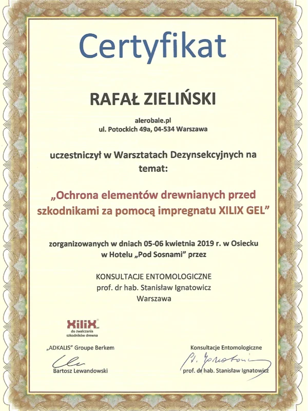 Certyfikat - Ochrona Elementów Drewnianych Przed Szkodnikami - Dezynsekcja - 05.04.2019