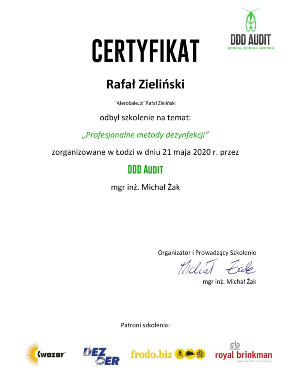 Certyfikat - Profesjonalne Metody Dezynfekcji - 21.05.2020