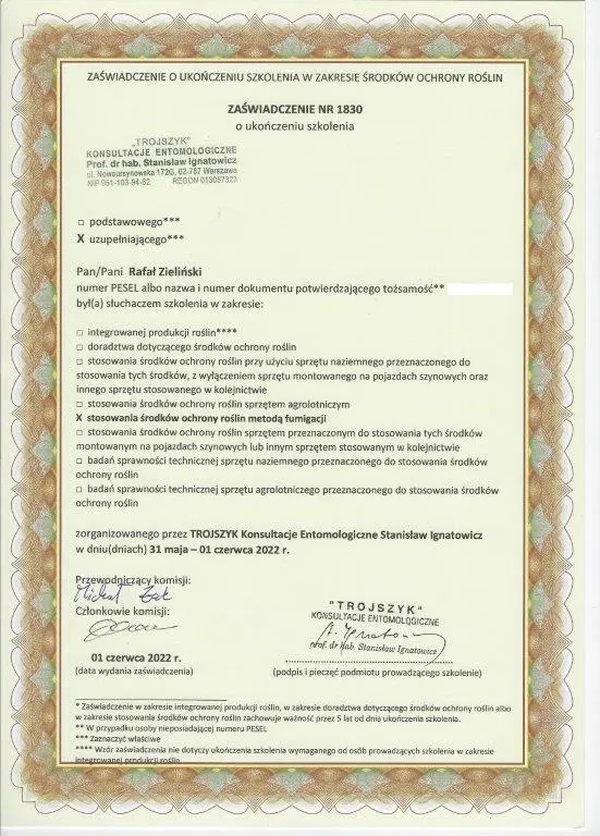 Certyfikat - Środki Ochrony Roślin Metoda Gazowa Fumigacja Uzupełniający - Dezynsekcja - 31.05.2022