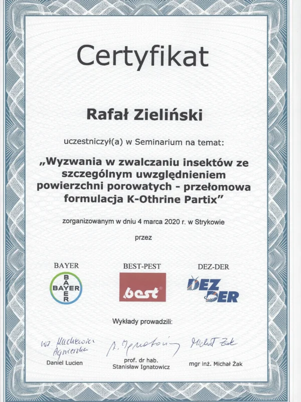 Certyfikat - Wyzwania w Zwalczaniu Insektów Ze Szczególnym Uwzględnieniem Powierzchni Porowatych - Dezynsekcja - 04.03.2020