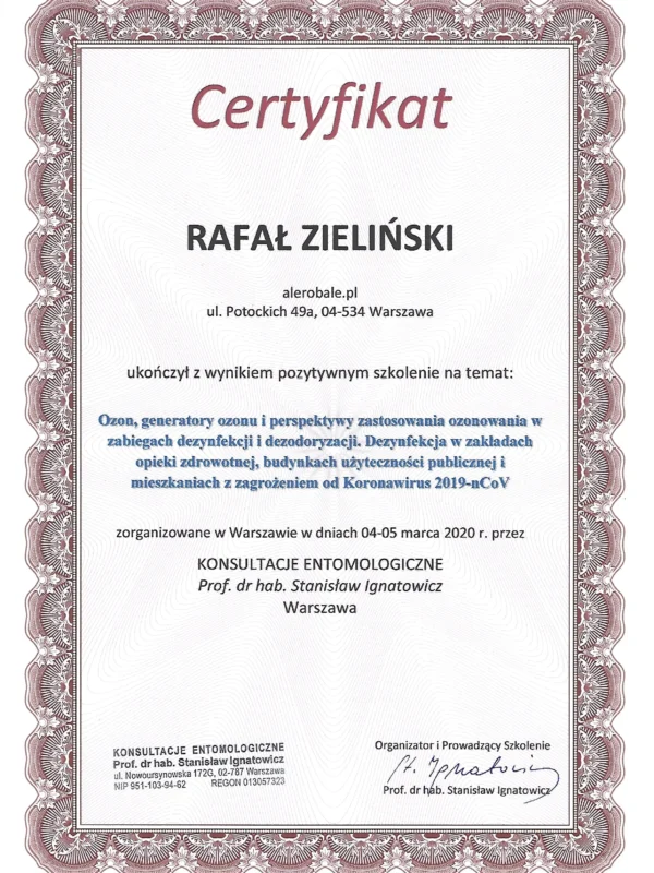 Certyfikat - Zastosowanie Ozonowania w Zabiegach Dezynfekcji i Dezodoryzacji - 05.03.2020
